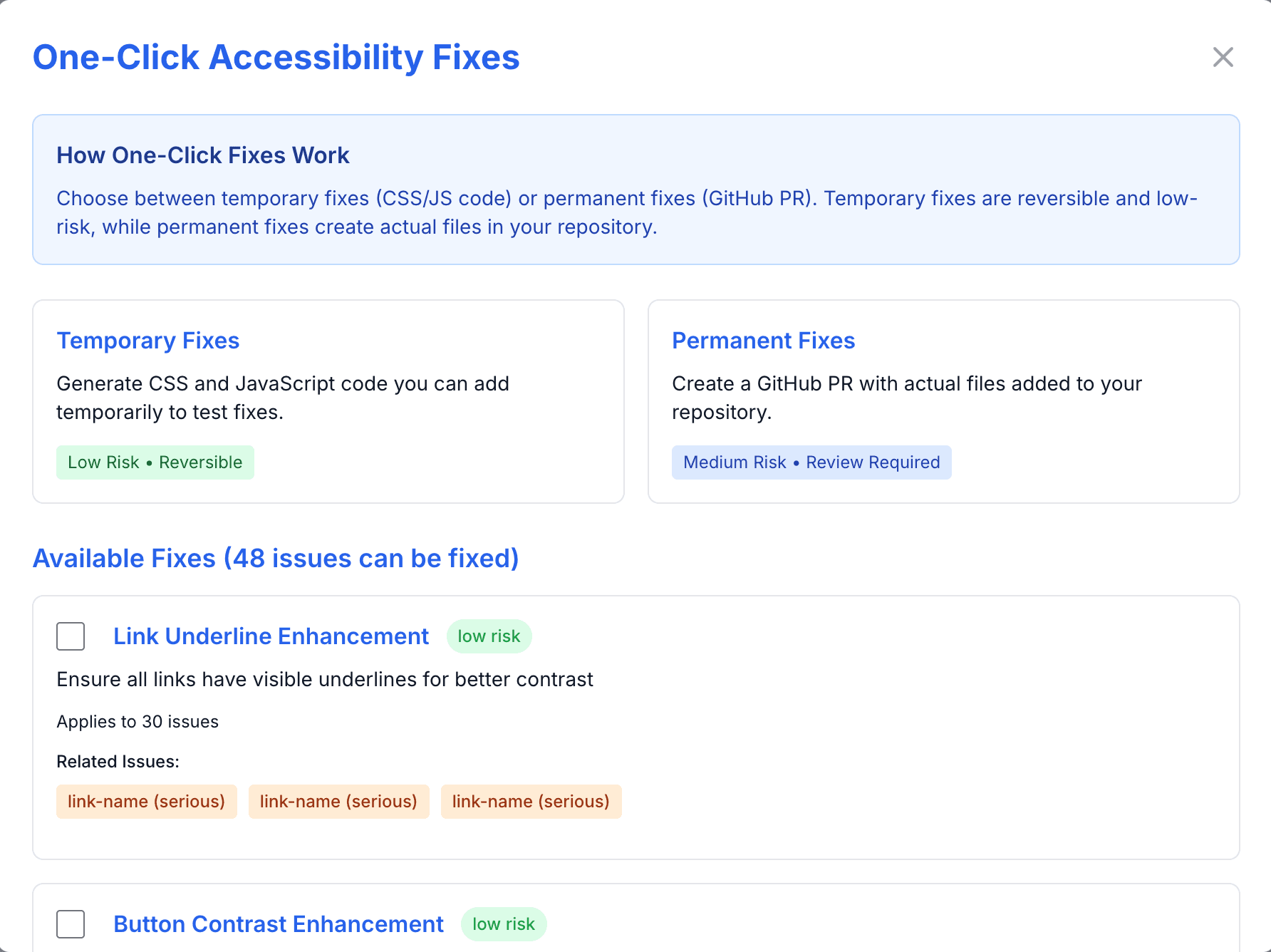 Halytic one-click fixes modal showing available accessibility improvements with risk levels and descriptions